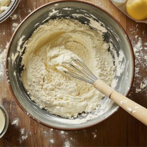 Top-down view of a mixing bowl with partially combined lemon cake batter and a whisk, on a floured wooden surface.