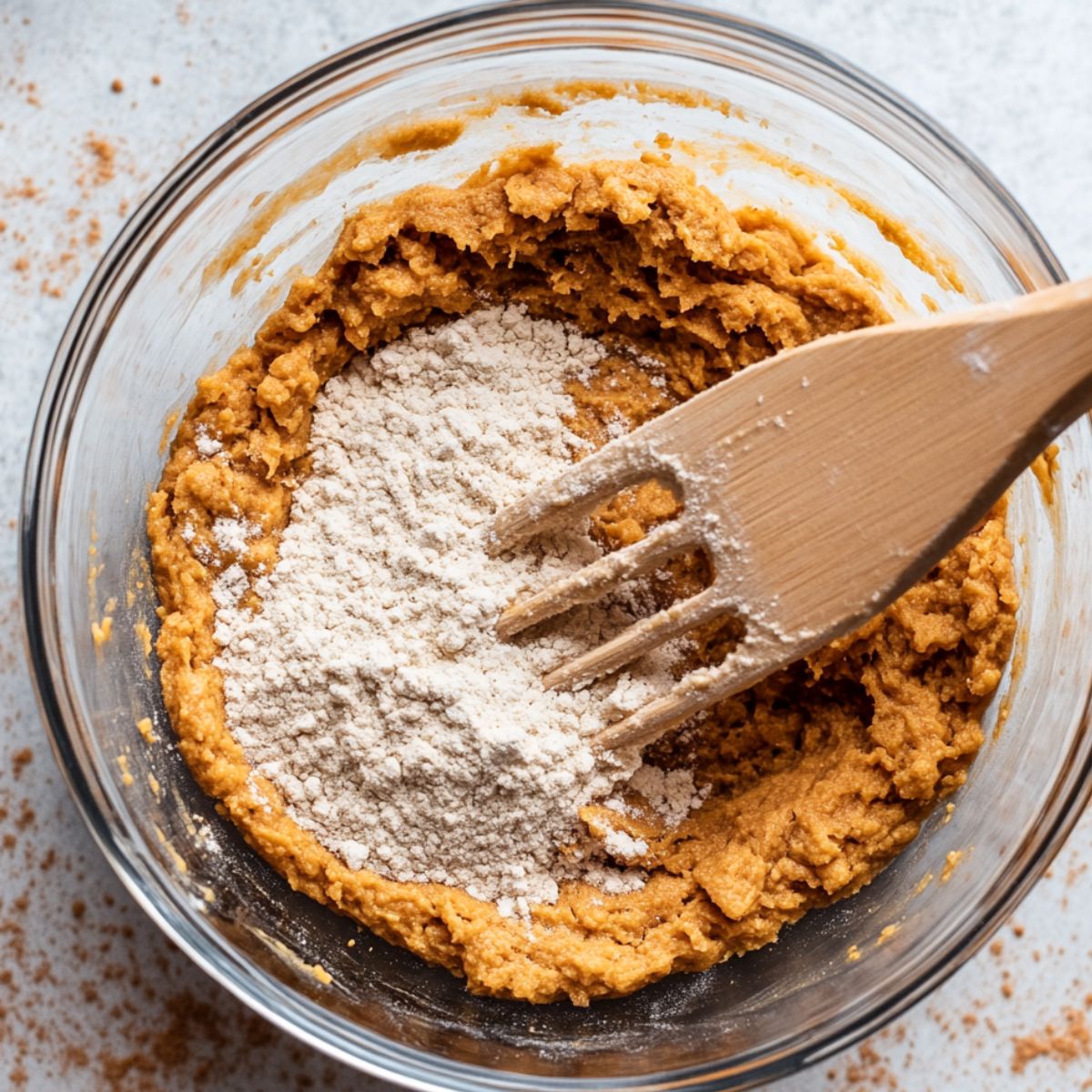Pumpkin cookie dough in a glass bowl with flour just added, being gently mixed with a wooden fork on a lightly floured surface.