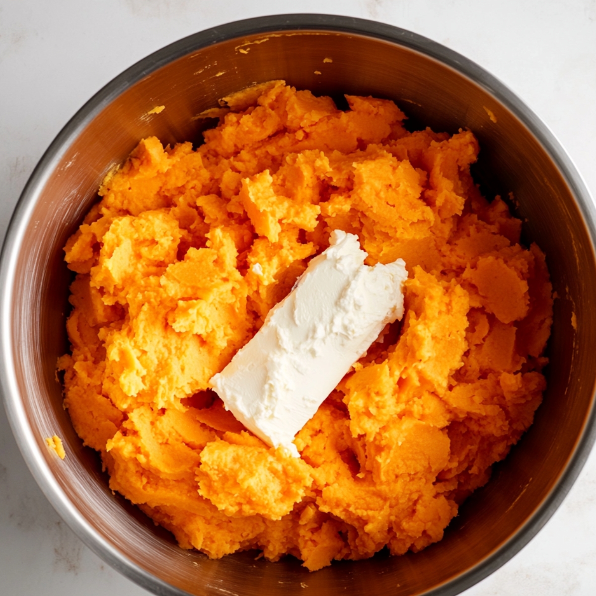 A bowl of bright orange mashed sweet potatoes with a block of cream cheese placed on top, ready to be mixed for homemade sweet potato pie.