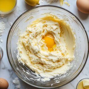 Top-down view of a mixing bowl with creamed butter and sugar, a raw egg yolk in the center, and lemon cake ingredients scattered on a floured countertop.