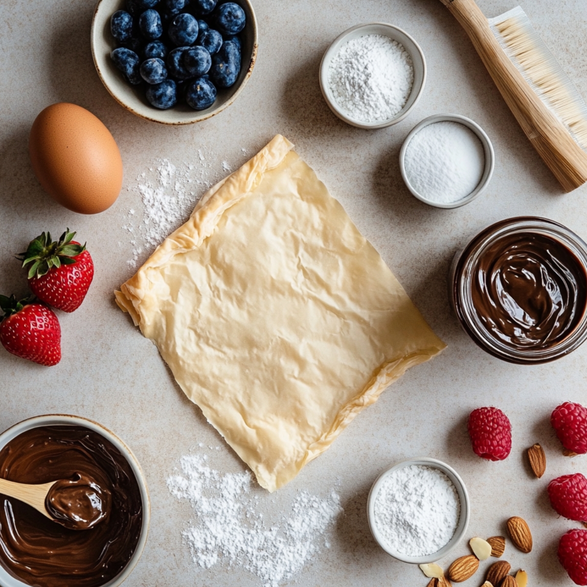 A flat lay of puff pastry ingredients including a pastry sheet, Nutella, fresh berries, an egg, powdered sugar, sea salt, almonds, and a pastry brush on a beige countertop.