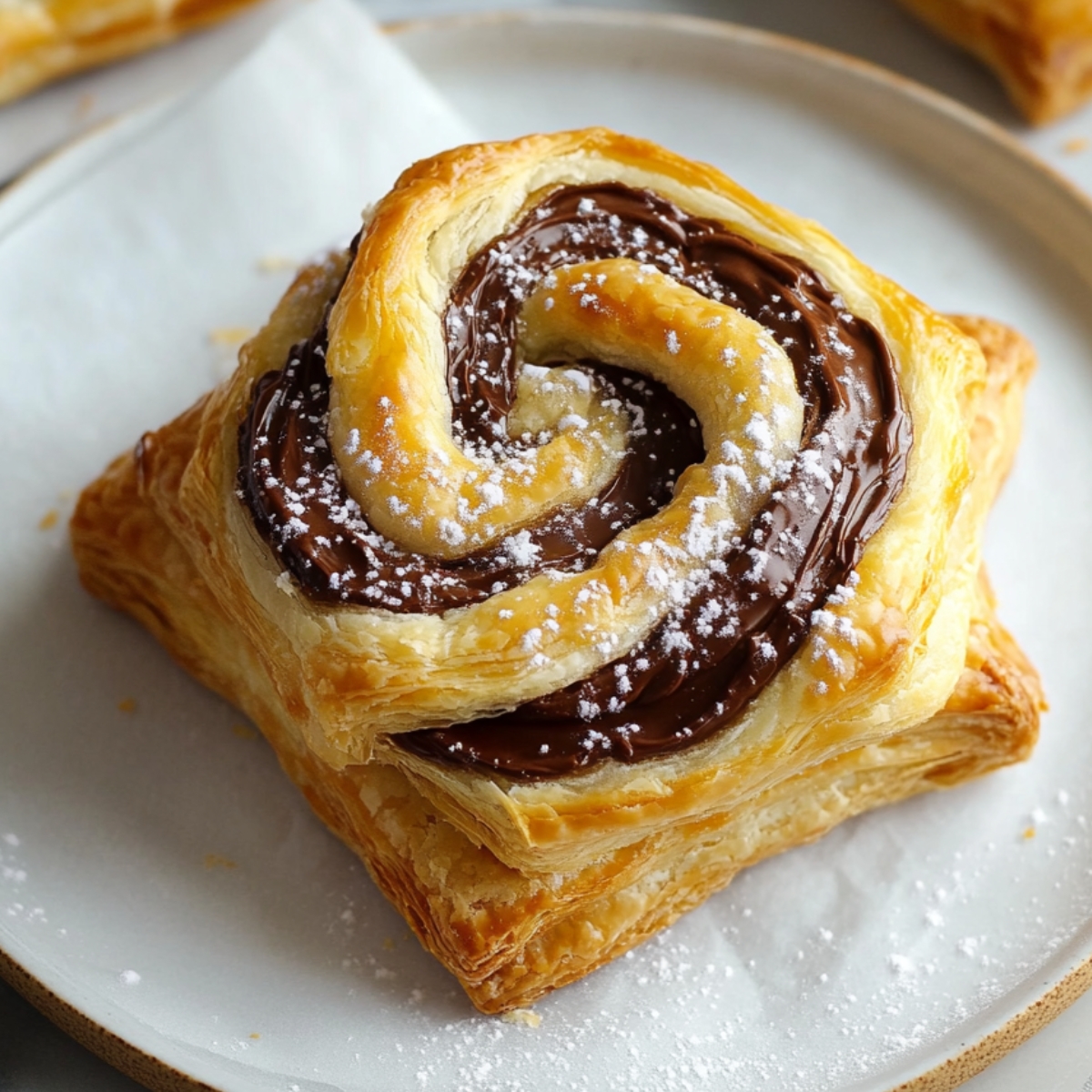 A golden, flaky puff pastry filled with swirled Nutella, lightly dusted with powdered sugar, on a white plate.