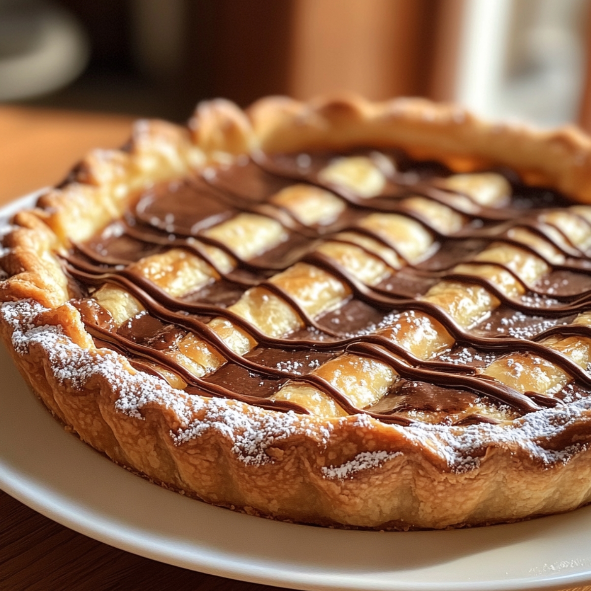 Homemade nutella toast pies with a golden crust, Nutella drizzle, and powdered sugar on top, served on a white plate.