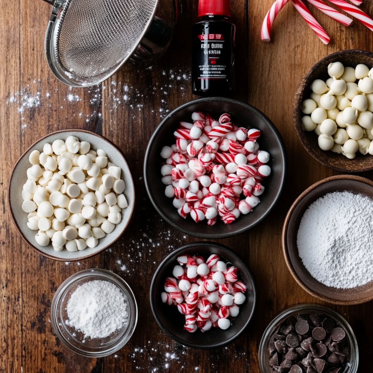 Peppermint brownies toppings on a wooden counter, including white chocolate chips, crushed candy canes, powdered sugar, mini chocolate chips, and a bottle of peppermint extract.