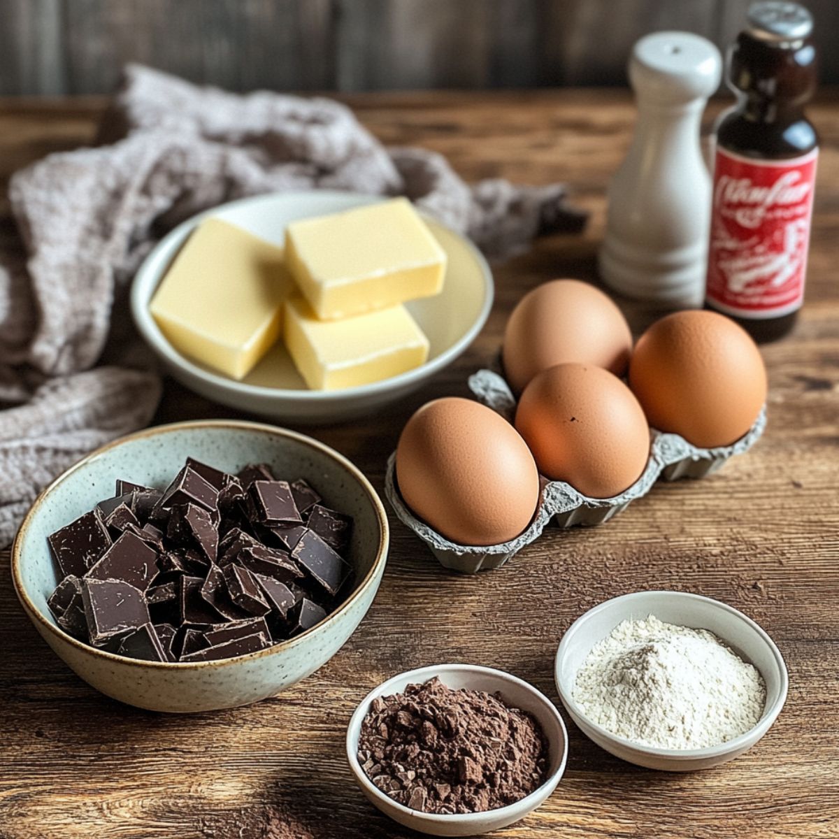 Ingredients for homemade peppermint brownies on a rustic wooden counter, including butter, dark chocolate chunks, eggs, cocoa powder, flour, vanilla extract, and a salt shaker.