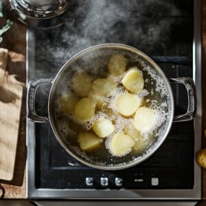 Peeled potato chunks boiling in a stainless steel pot on a stovetop, with steam rising in a warmly lit home kitchen, part of a homemade shepherd’s pie preparation.