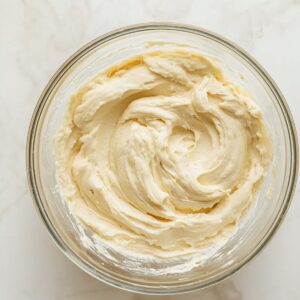 Vanilla cake batter in a glass bowl with soft swirls, on a light marble countertop — smooth, creamy, and freshly mixed.