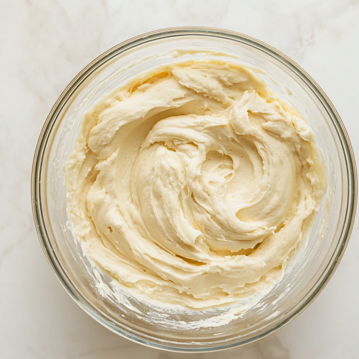 Vanilla cake batter in a glass bowl with soft swirls, on a light marble countertop — smooth, creamy, and freshly mixed.
