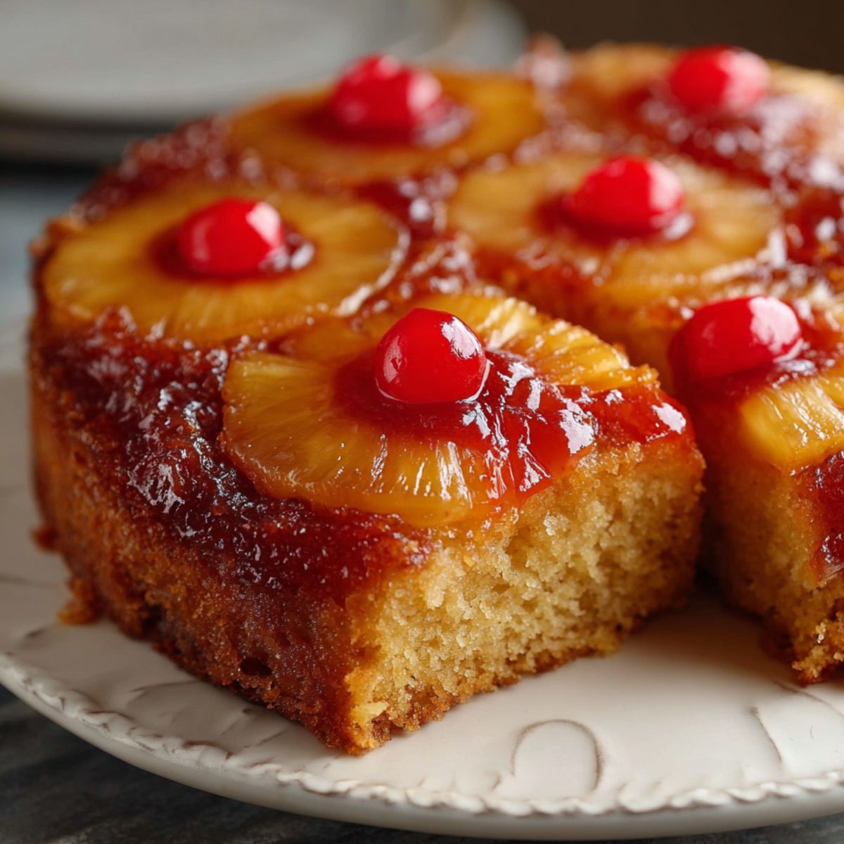 A moist, golden pineapple upside-down cake topped with caramelized pineapple rings and cherries, with one slice removed, on a white ceramic plate.