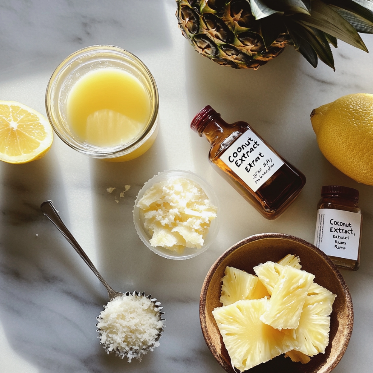 Pineapple juice, coconut and rum extracts, lemon, shredded coconut, and pineapple chunks arranged on a marble surface in warm natural light for a tropical baking recipe.
