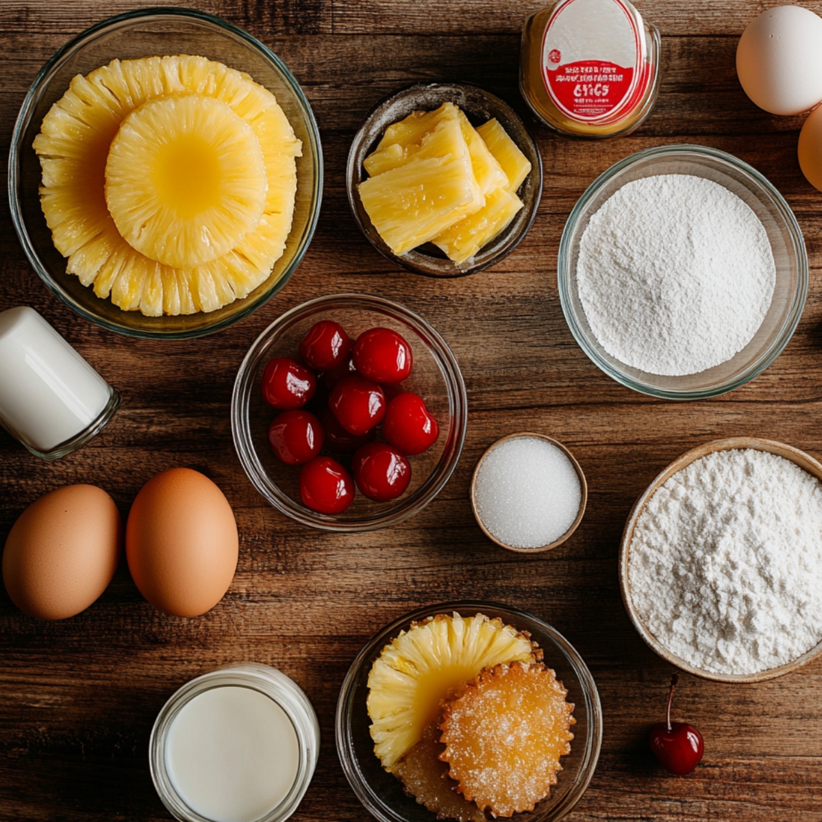 Homemade baking ingredients for pineapple upside-down cupcakes on a wooden countertop, including pineapple rings, cherries, eggs, flour, sugar, and milk, arranged in glass bowls with natural lighting.