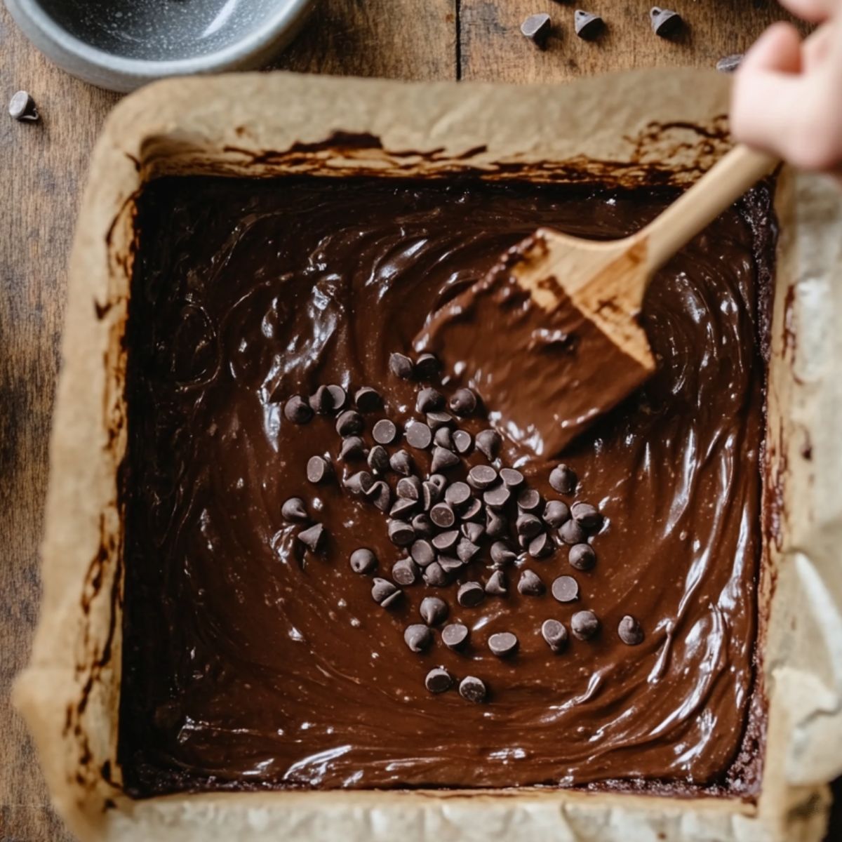 Hand spreading glossy brownie batter in a parchment-lined pan, topping with chocolate chips on a wooden table.