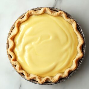 A homemade lemon pie in a crimped crust filled with glossy yellow custard, set in a foil pie pan on a marble surface.