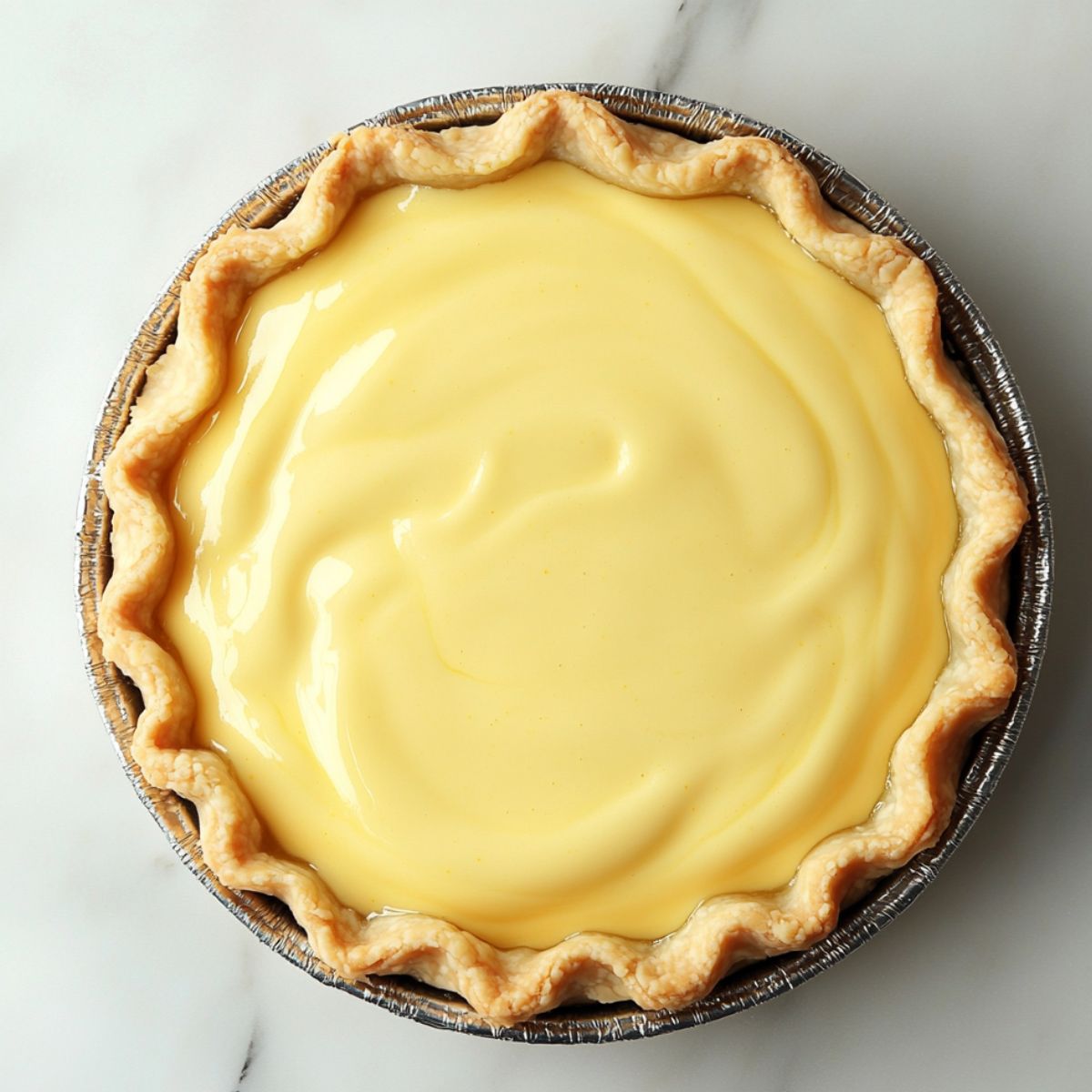 A homemade lemon pie in a crimped crust filled with glossy yellow custard, set in a foil pie pan on a marble surface.
