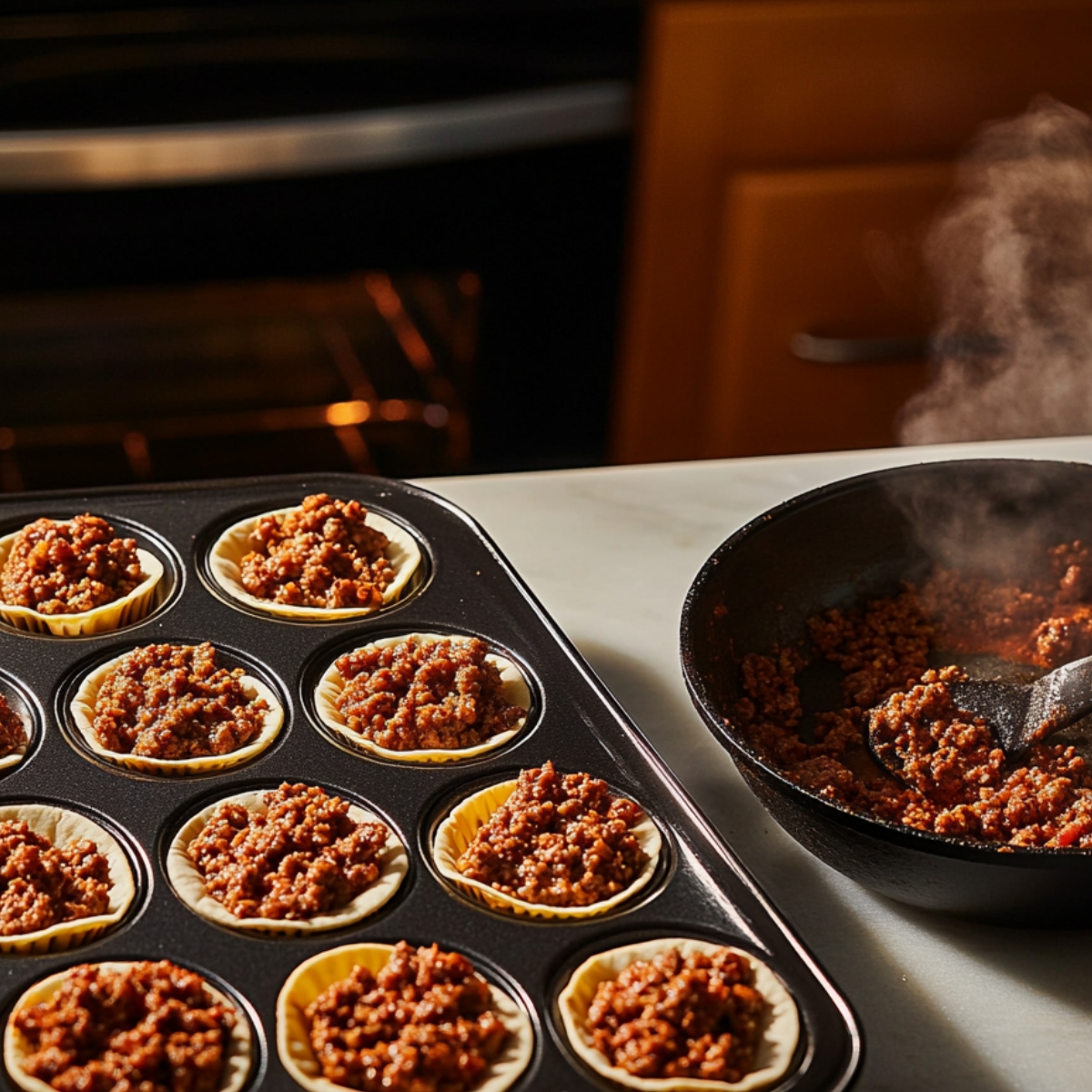 Muffin tin filled with tortilla cups and hot seasoned ground beef, next to a steaming skillet. Oven in the background, warm kitchen lighting, homemade feel.