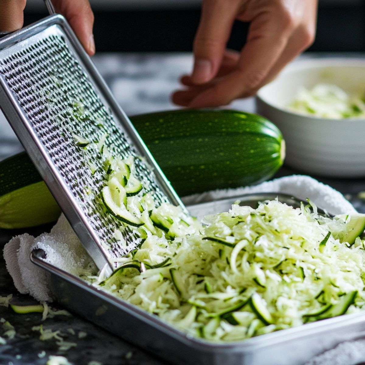 Hand grating fresh zucchini into a tray, with a pile of shredded zucchini and a whole zucchini on a kitchen counter.