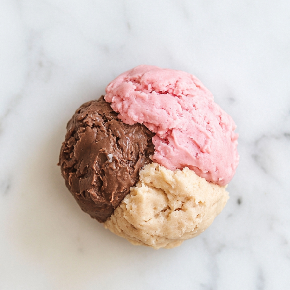 A scoop of chocolate, vanilla, and strawberry cookie dough on a white marble surface.