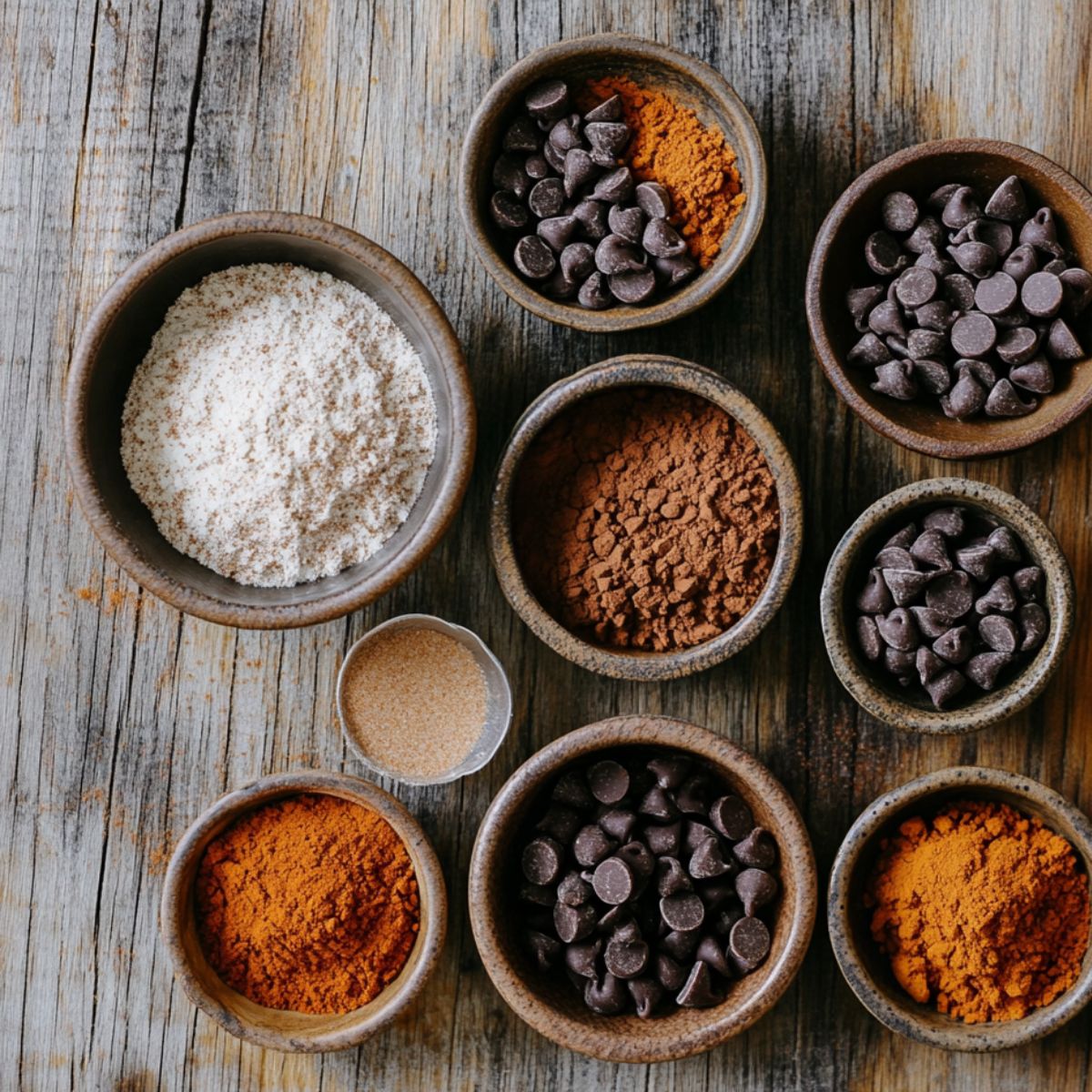 Baking spices and chocolate chips in small bowls on a rustic wooden surface, ready for making homemade pumpkin cookies.
