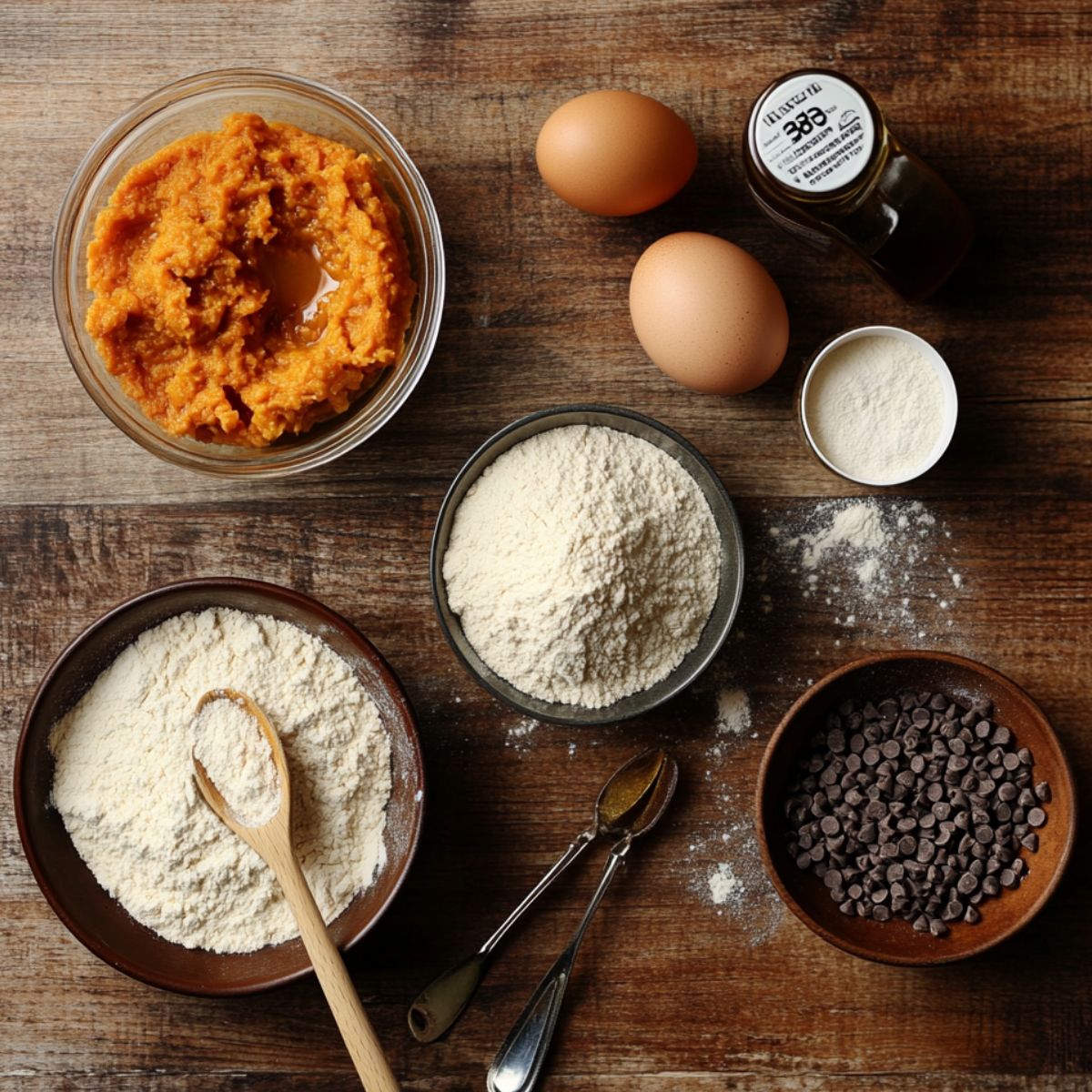 Homemade cookie ingredients laid out on a wooden surface—pumpkin puree, flour, eggs, vanilla, chocolate chips, and baking essentials with a cozy, rustic feel.