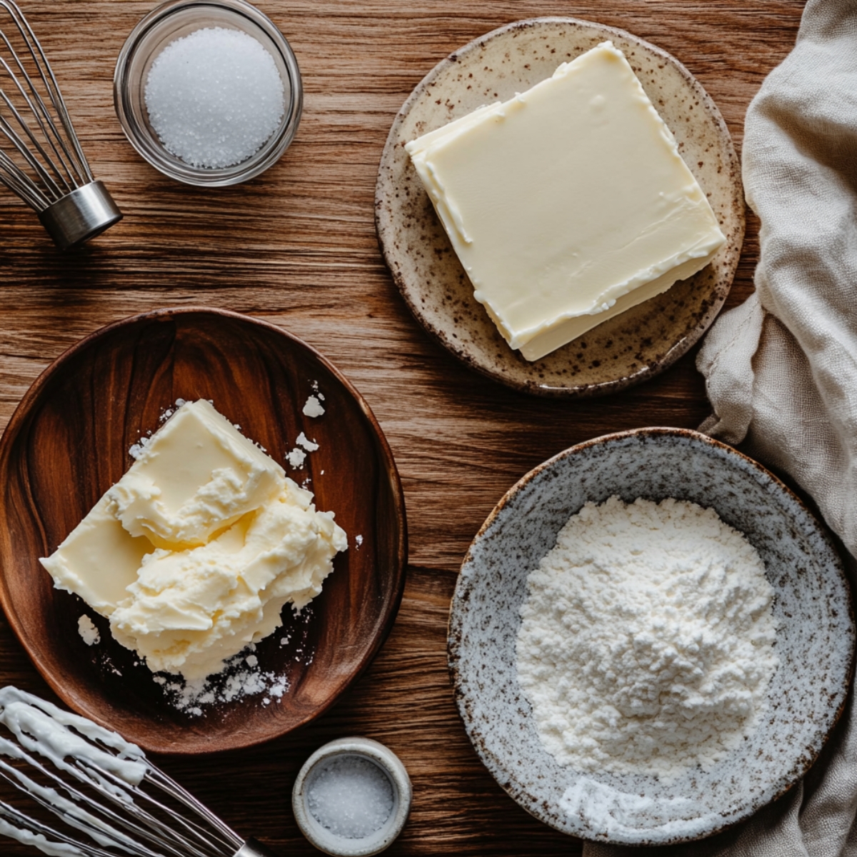 Frosting ingredients for red velvet cake, including butter, powdered sugar, salt, and a whisk, arranged on a wooden surface.