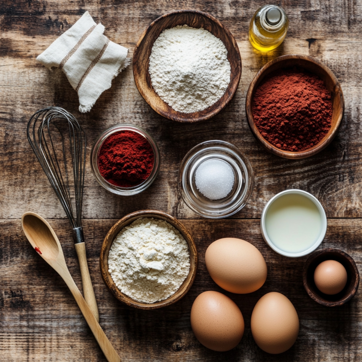 Ingredients for red velvet cake, including flour, cocoa, eggs, sugar, buttermilk, and red coloring, arranged on a rustic wooden surface.
