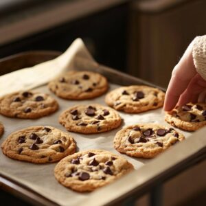 Freshly baked chocolate chip cookies on a parchment-lined tray, with a hand lifting one while cookies cool.