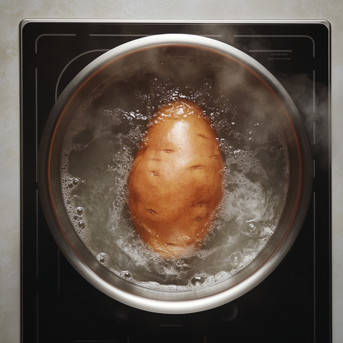 A whole sweet potato boiling in a pot of water on a stovetop, with steam rising and bubbles forming around it.