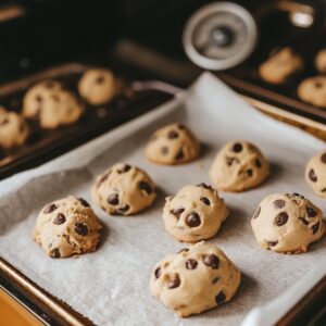 Raw chocolate chip cookie dough balls on a parchment-lined baking sheet, ready to go into the oven.