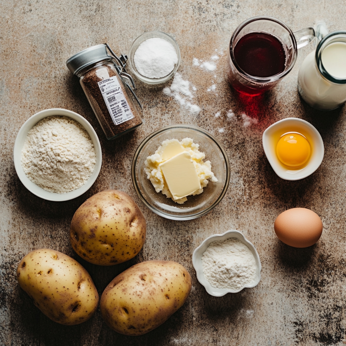 Ingredients for shepherd’s pie on a rustic counter, including potatoes, butter, flour, egg yolk, milk, red wine, salt, pepper, and a whole egg.