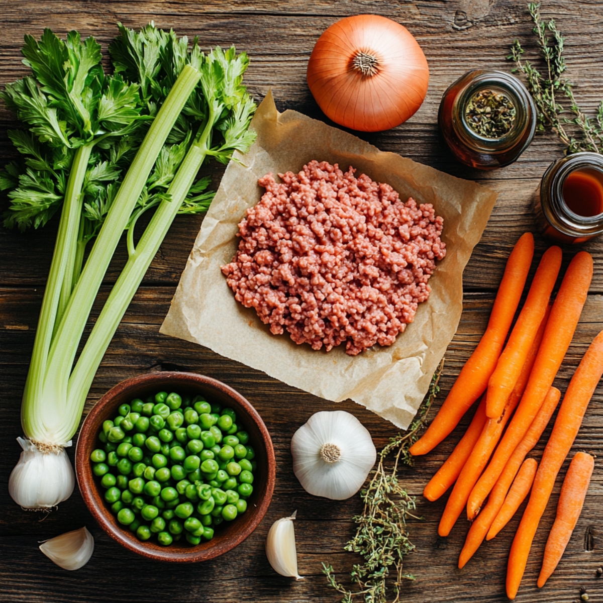 Fresh ingredients for homemade shepherd’s pie on a wooden surface, including ground lamb, carrots, peas, celery, onion, garlic, thyme, and Worcestershire sauce.