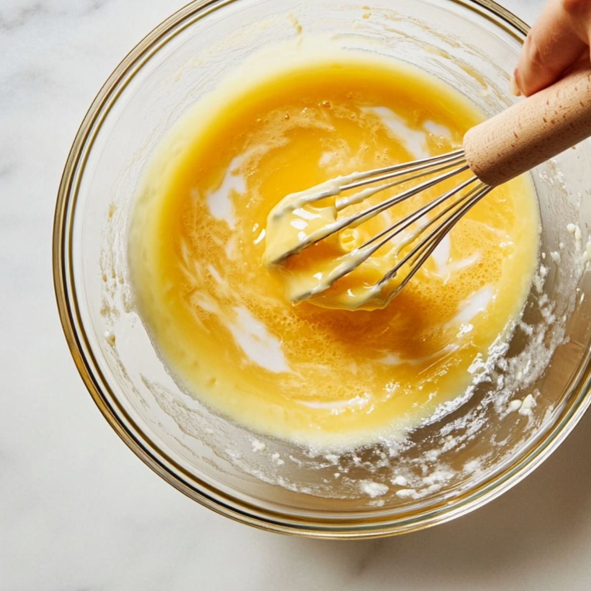Whisking lemon pie filling in a glass bowl with a wooden-handled whisk on a light countertop.
