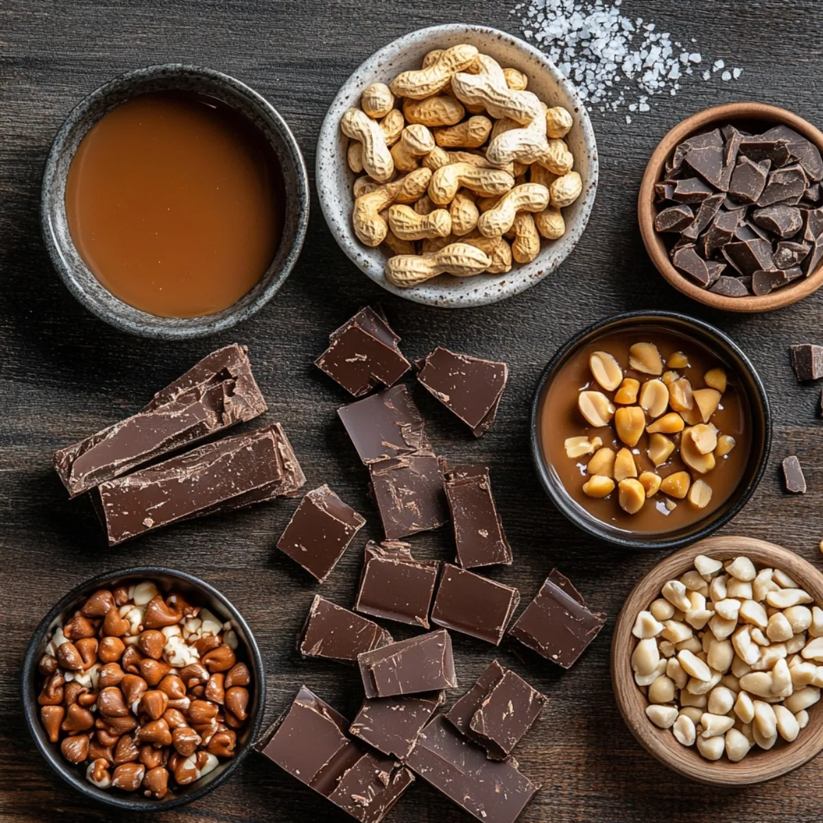 Overhead view of homemade Snickers Brownie ingredients on a wooden surface, including chopped chocolate, peanuts, caramel sauce, mini chocolate chips, peanut butter chips, and sea salt in small bowls.