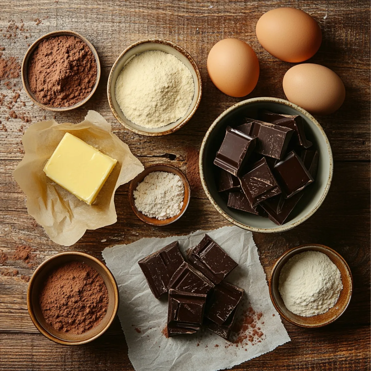 Brownie ingredients on a wooden surface, including butter, dark chocolate, cocoa powder, flour, sugar, and eggs, styled for a homemade baking scene.