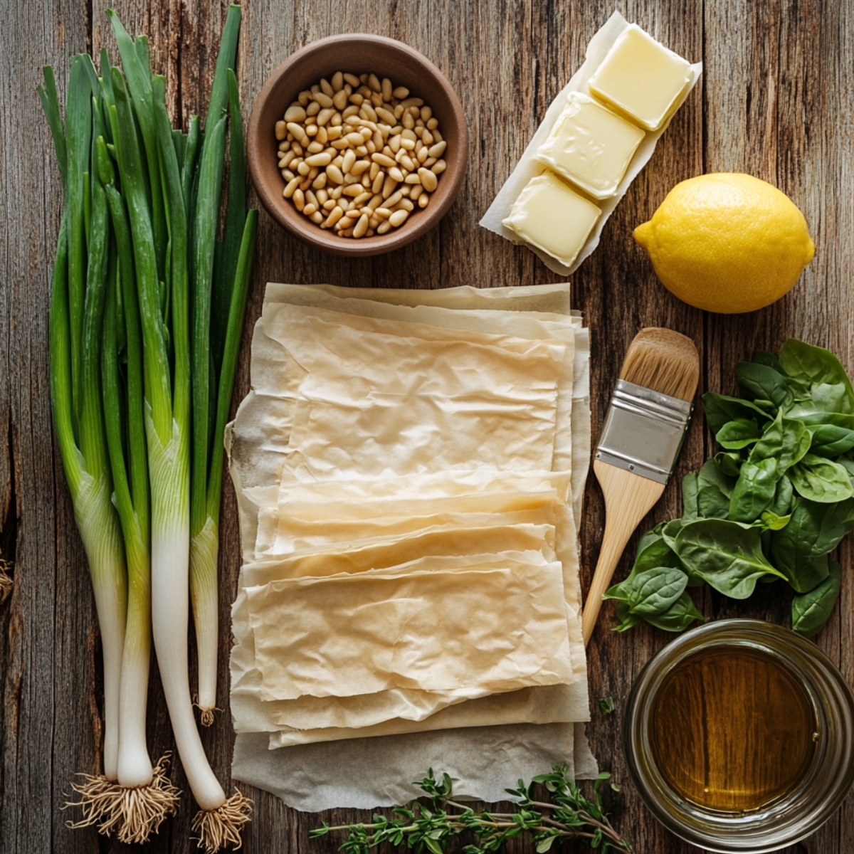 Phyllo pastry, green onions, pine nuts, butter, lemon, fresh herbs, spinach, a pastry brush, and olive oil arranged on a rustic wooden table for a spinach pie recipe.