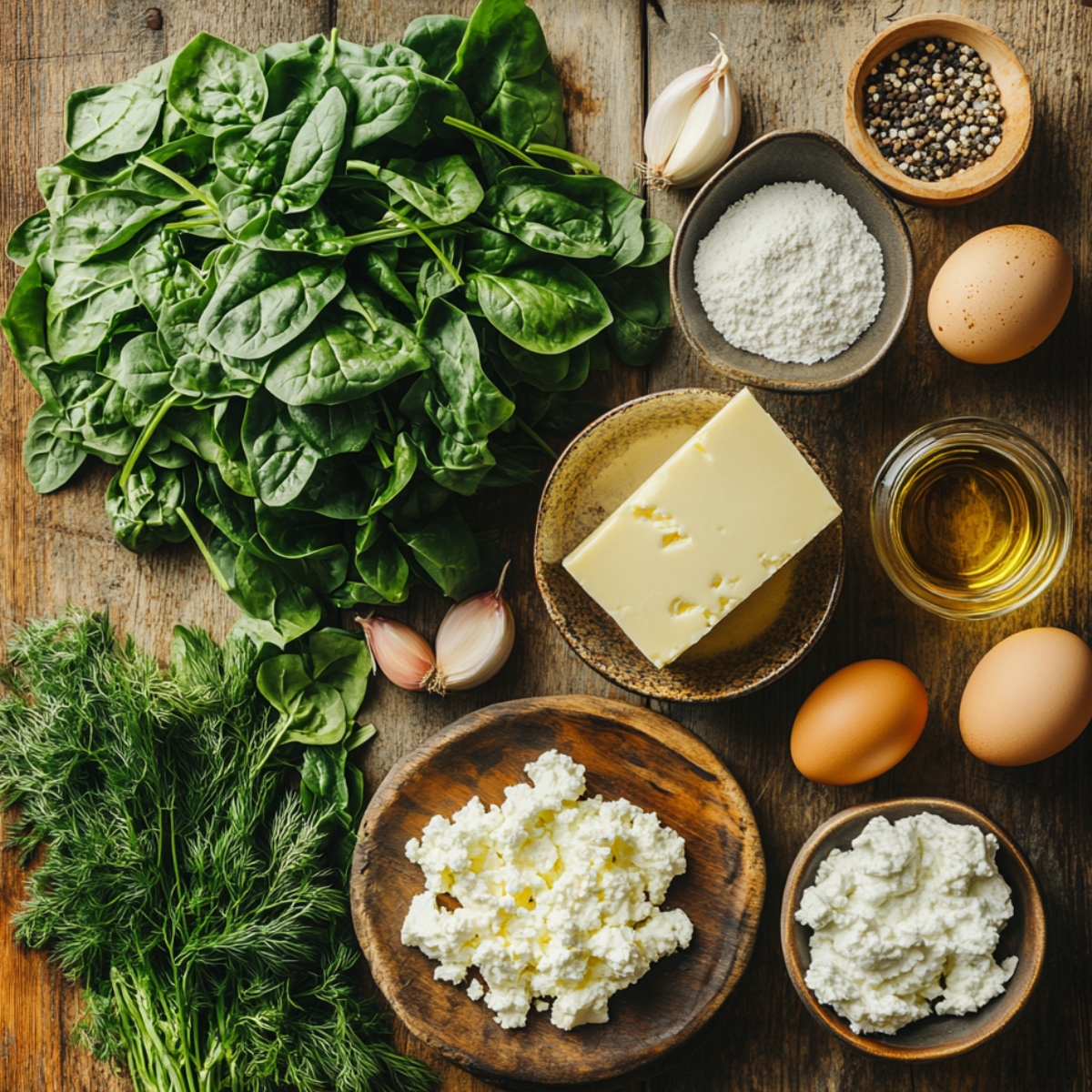 Fresh spinach pie recipe ingredients on a rustic wooden table, including spinach leaves, eggs, feta and ricotta cheese, garlic, dill, olive oil, and seasonings