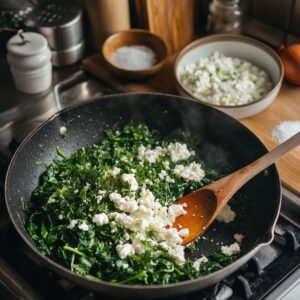Sautéed spinach and crumbled feta cheese in a skillet with a wooden spoon, surrounded by pie ingredients in a cozy kitchen setting.