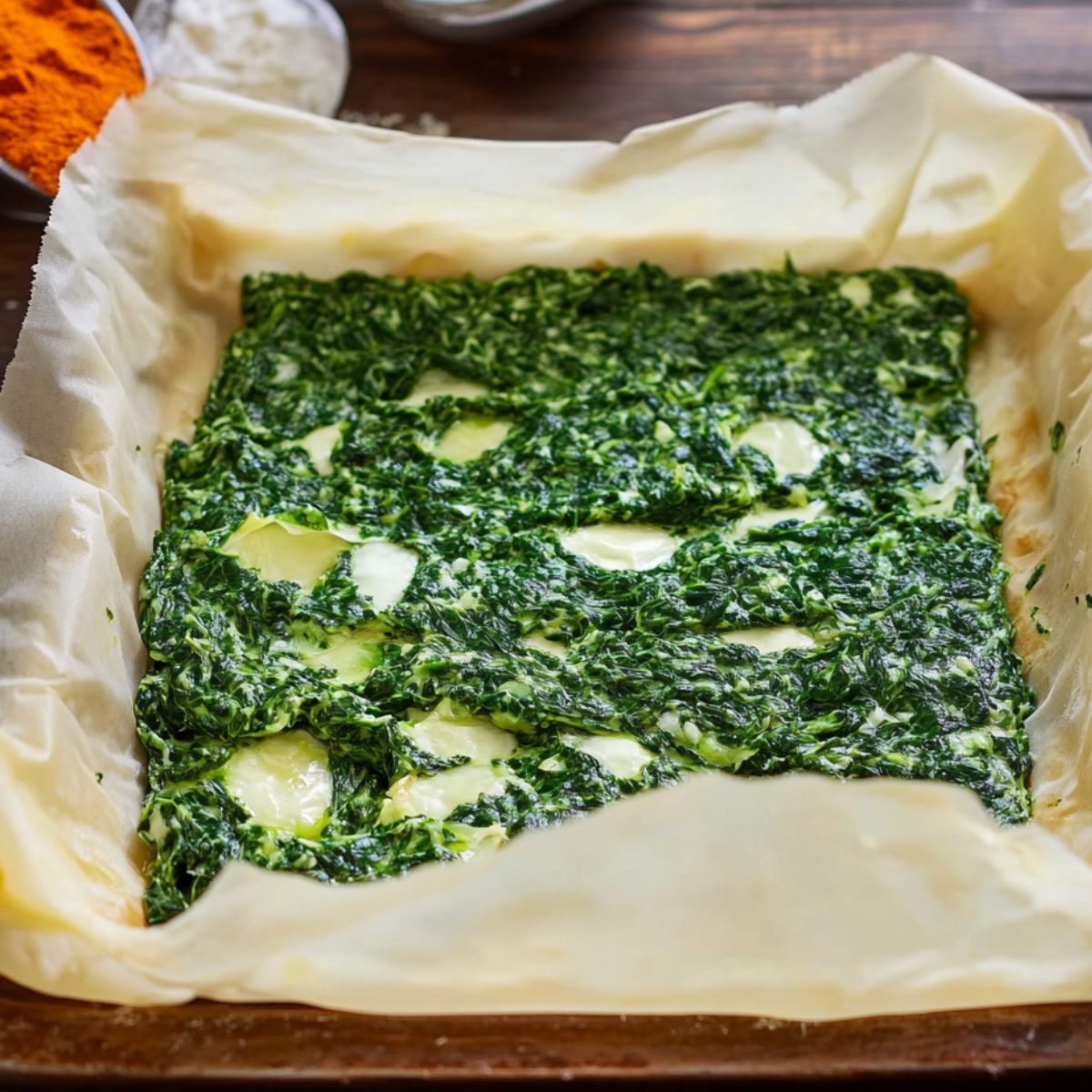 Unbaked spinach pie in a parchment-lined dish, with creamy spinach and cheese filling spread over a phyllo base, ready for baking.