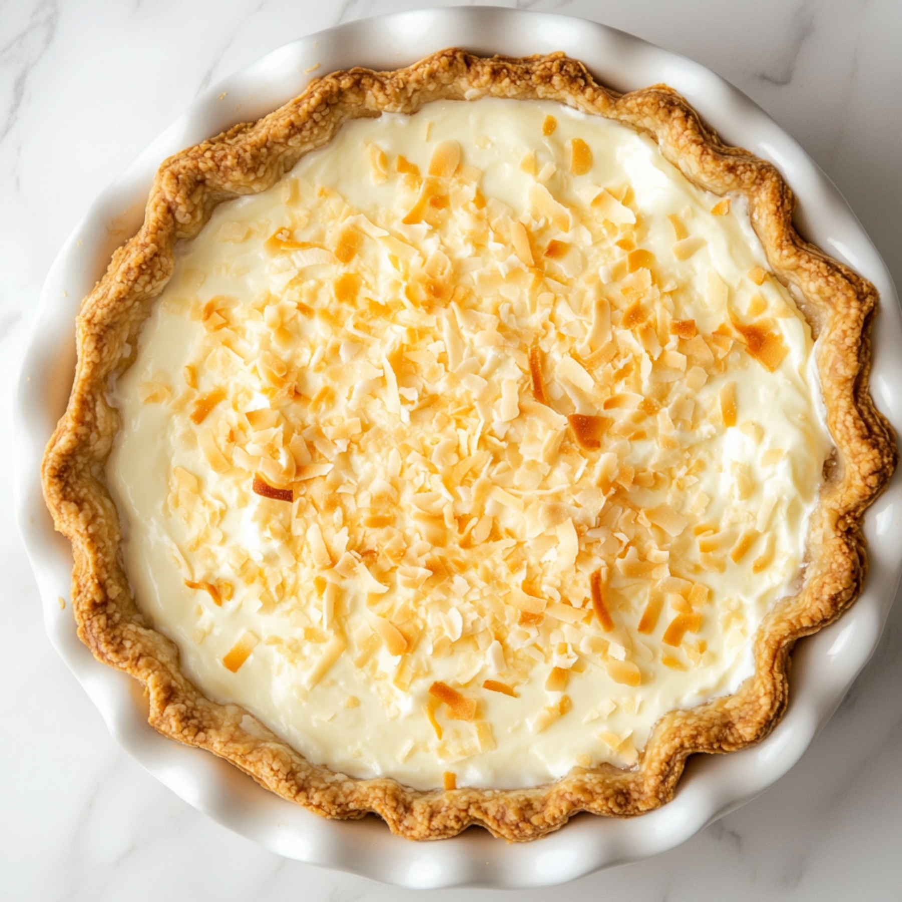 Homemade coconut cream pie in a white dish, topped with toasted coconut flakes and surrounded by a golden, crimped crust on a marble surface.