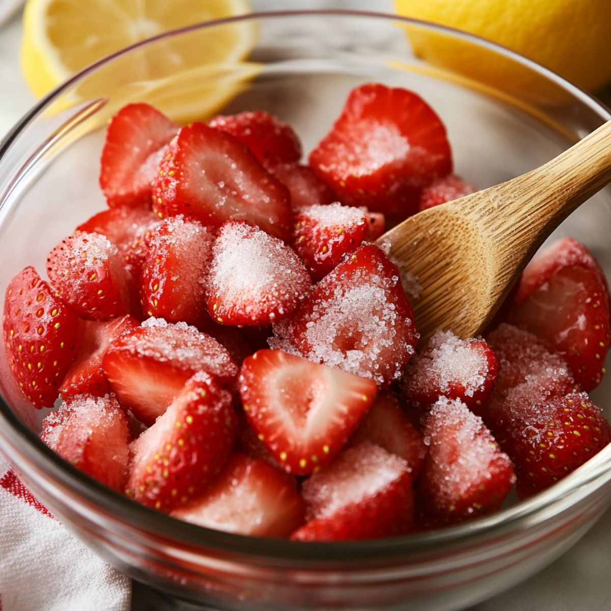 Sliced strawberries in a glass bowl with sugar, being stirred with a wooden spoon, with lemons in the background—prep for strawberry shortcake cake.