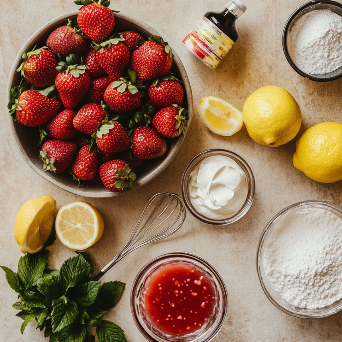 Fresh ingredients for strawberry shortcake cake, including strawberries, lemons, vanilla, whipped cream, powdered sugar, and strawberry sauce on a kitchen counter.
