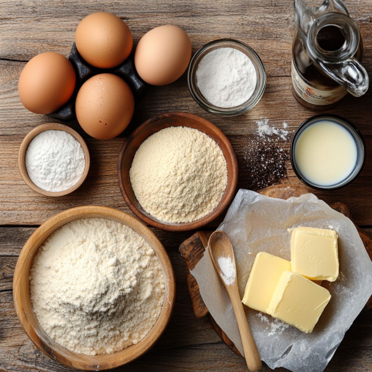 Baking ingredients for strawberry shortcake cake on a rustic wooden table, including flour, eggs, sugar, butter, cream, baking powder, and vanilla extract.