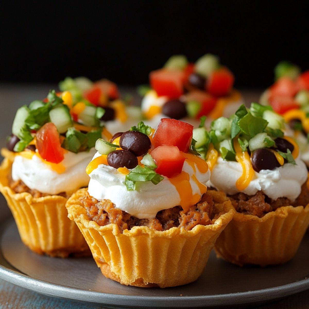 Homemade taco cupcakes with crispy shells, filled with beef, topped with sour cream, cheese, black beans, diced tomatoes, cucumber, and lettuce on a tray.