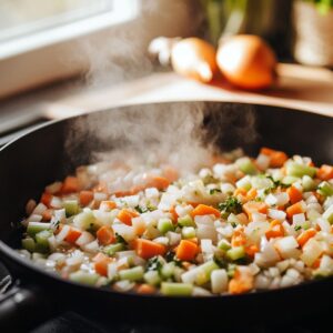 Chopped onions, carrots, and celery sautéing in a skillet with steam rising, in a cozy home kitchen with soft natural lighting and whole onions in the background.