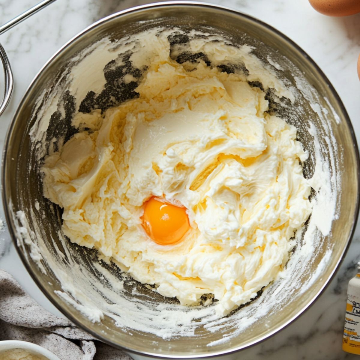 Creamed butter and sugar in a metal mixing bowl with a cracked egg added, ready to be mixed—part of the batter prep for strawberry shortcake cake.