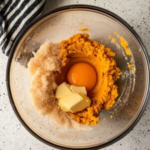 Unmixed pumpkin cookie ingredients in a glass bowl—pumpkin puree, a raw egg, brown sugar, and chunks of butter—on a speckled counter next to a striped kitchen towel.