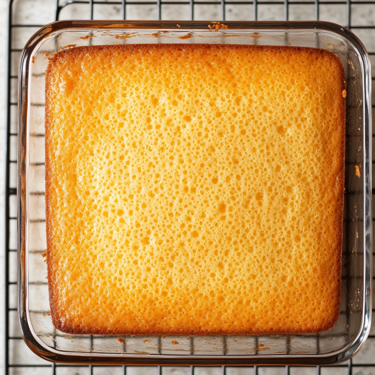 A freshly baked golden sponge cake in a glass baking dish, cooling on a wire rack—ready to be soaked for strawberry tres leches cake.