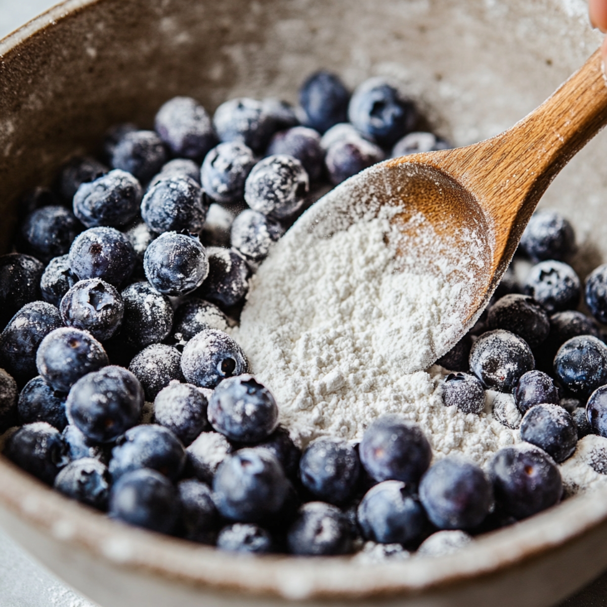 Fresh blueberries being tossed with flour in a rustic ceramic bowl, using a wooden spoon to evenly coat them before baking lemon blueberry cupcakes.
