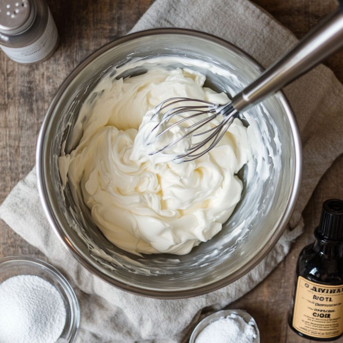 Freshly whipped cream at soft peaks in a metal mixing bowl with a whisk, surrounded by powdered sugar and vanilla extract—part of the frosting for strawberry shortcake cake.