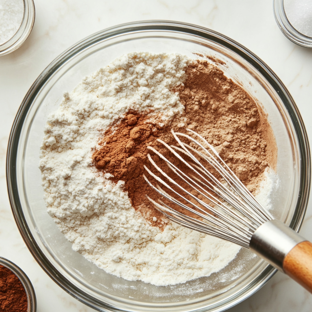 Glass bowl with flour, cinnamon, nutmeg, and allspice being whisked together on a marble countertop for homemade applesauce cake.