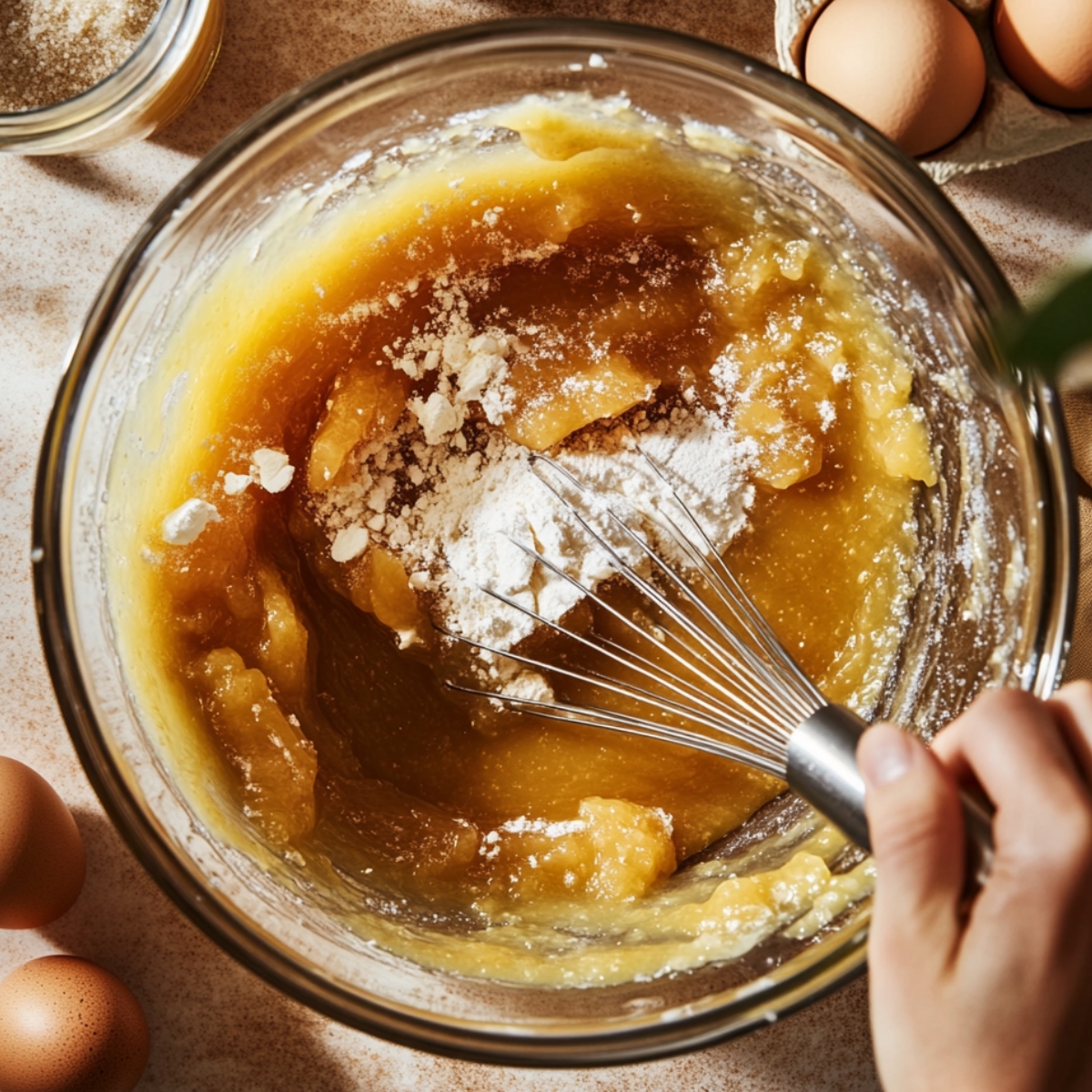 Hand whisking applesauce, flour, and wet ingredients in a glass bowl for homemade applesauce cake.